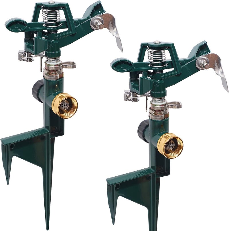 Biswing 2 Pack Impact Sprinkler Head on Metal Step Spike, Heavy Duty Zinc Alloy Lawn Sprinkler, Adjustable Coverage Nozzle on Sturdy Spike Base, 360 Degree Large Area Irrigation, Green - Image 1